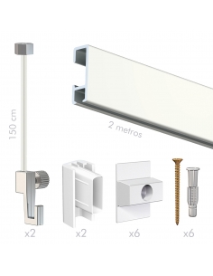 kit tira perfil riel guia para colgar cuadros sin hacer agujeros blanca, de pared, artiteq, con cable nylon tope invisible